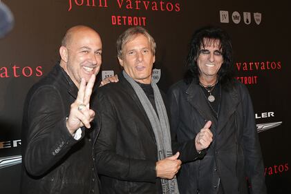 DETROIT, MI - APRIL 16:  (L-R) Designer John Varvatos, singer Michael Bolton and musician Alice Cooper attend John Varvatos Detroit Store Opening Party hosted by Chrysler on April 16, 2015 in Detroit, Michigan.  (Photo by Loreen Sarkis/Getty Images for John Varvatos)