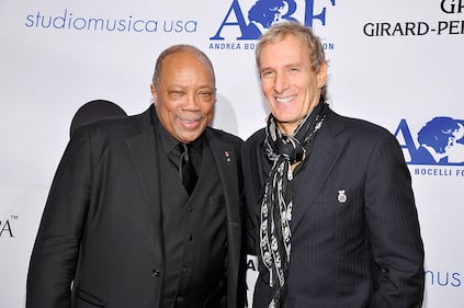 BEVERLY HILLS, CA - DECEMBER 09:  Producer Quincy Jones (L) and singer Michael Bolton attend the launch of The Andrea Bocelli Foundation at the Beverly Hilton Hotel on December 9, 2011 in Beverly Hills, California.  (Photo by John Sciulli/Getty Images for Andrea Bocelli Foundation)