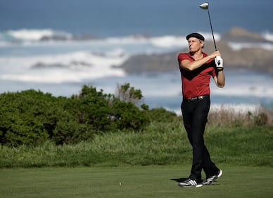 PEBBLE BEACH, CA - FEBRUARY 14:   Musician Michael Bolton hits a shot during the third round of the AT&T Pebble Beach National Pro-Am at the Monterey Peninsula Country Club on February 14, 2015 in Pebble Beach, California.  (Photo by Harry How/Getty Images)