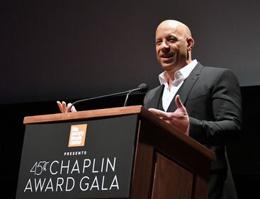 NEW YORK, NY - APRIL 30:  Actor Vin Diesel speaks onstage during the 45th Chaplin Award Gala at Alice Tully Hall, Lincoln Center on April 30, 2018 in New York City.  (Photo by Mike Coppola/Getty Images)