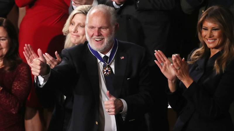 FILE PHOTO: Radio personality Rush Limbaugh reacts after First Lady Melania Trump gives him the Presidential Medal of Freedom during the State of the Union address in the chamber of the U.S. House of Representatives on February 04, 2020 in Washington, DC. Limbaugh was 70 years old.